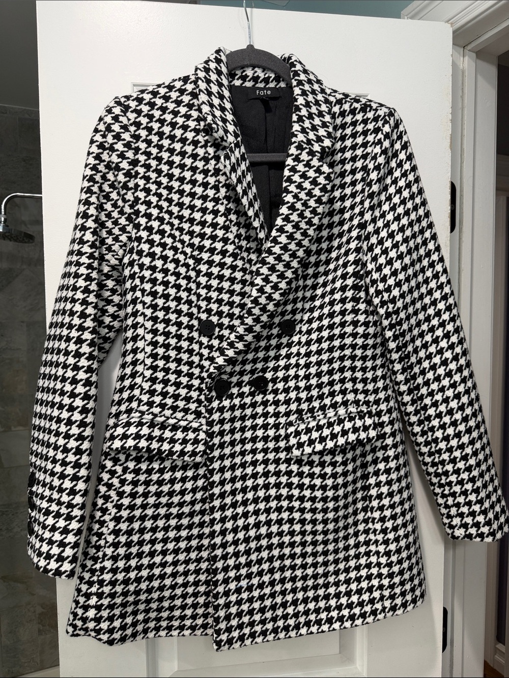 Fate Houndstooth Double-Breasted Peacoat - Black & White